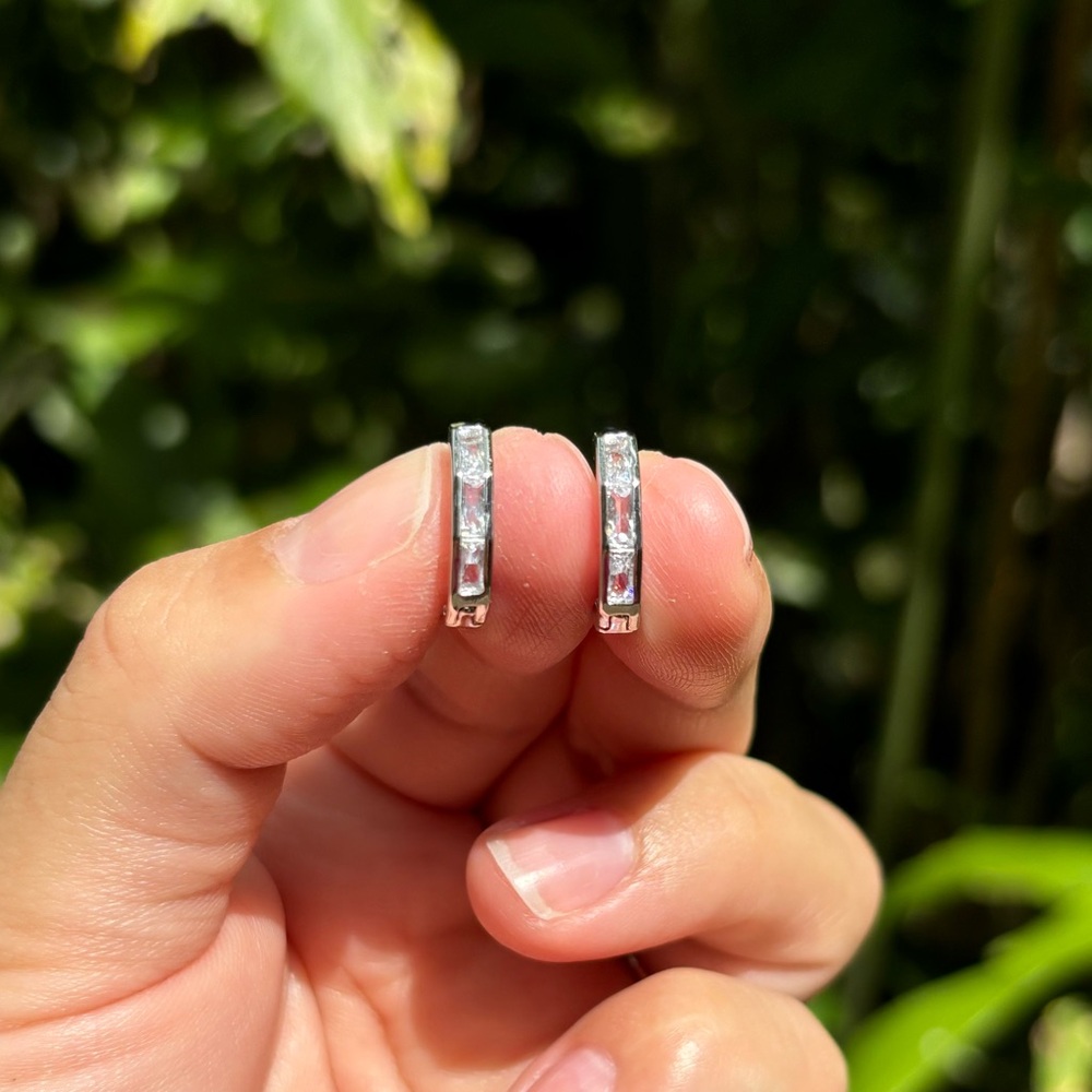 18K White Gold Plated Stainless Steel Medium Diamond Hoop Earrings